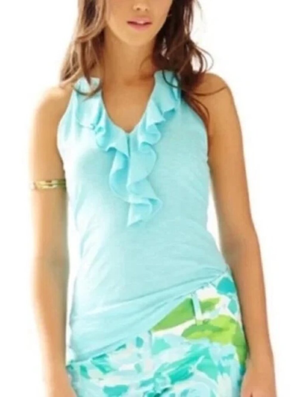 NWT Lilly Pulitzer Aqua Ruffle Shay Tank Top Resort Coastal Pima Cotton Large